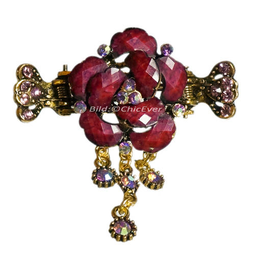 Haargreifer Haarspange Blume Vintage-Look Metall bordeaux gold 4472b - zum Schließen ins Bild klicken